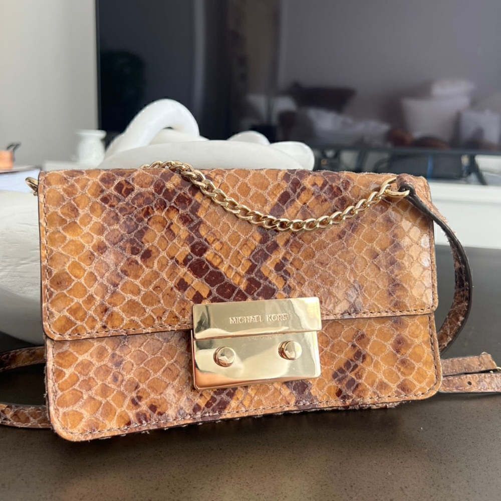 MICHAEL KORS Snake Leather Print Brown Gold Color Crossbody Bag Mini